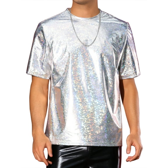 INSPIRE CHIC Holographic T-Shirts for Men's Crew Neck Short Sleeved Party Disco Shiny t Shirt S Silver