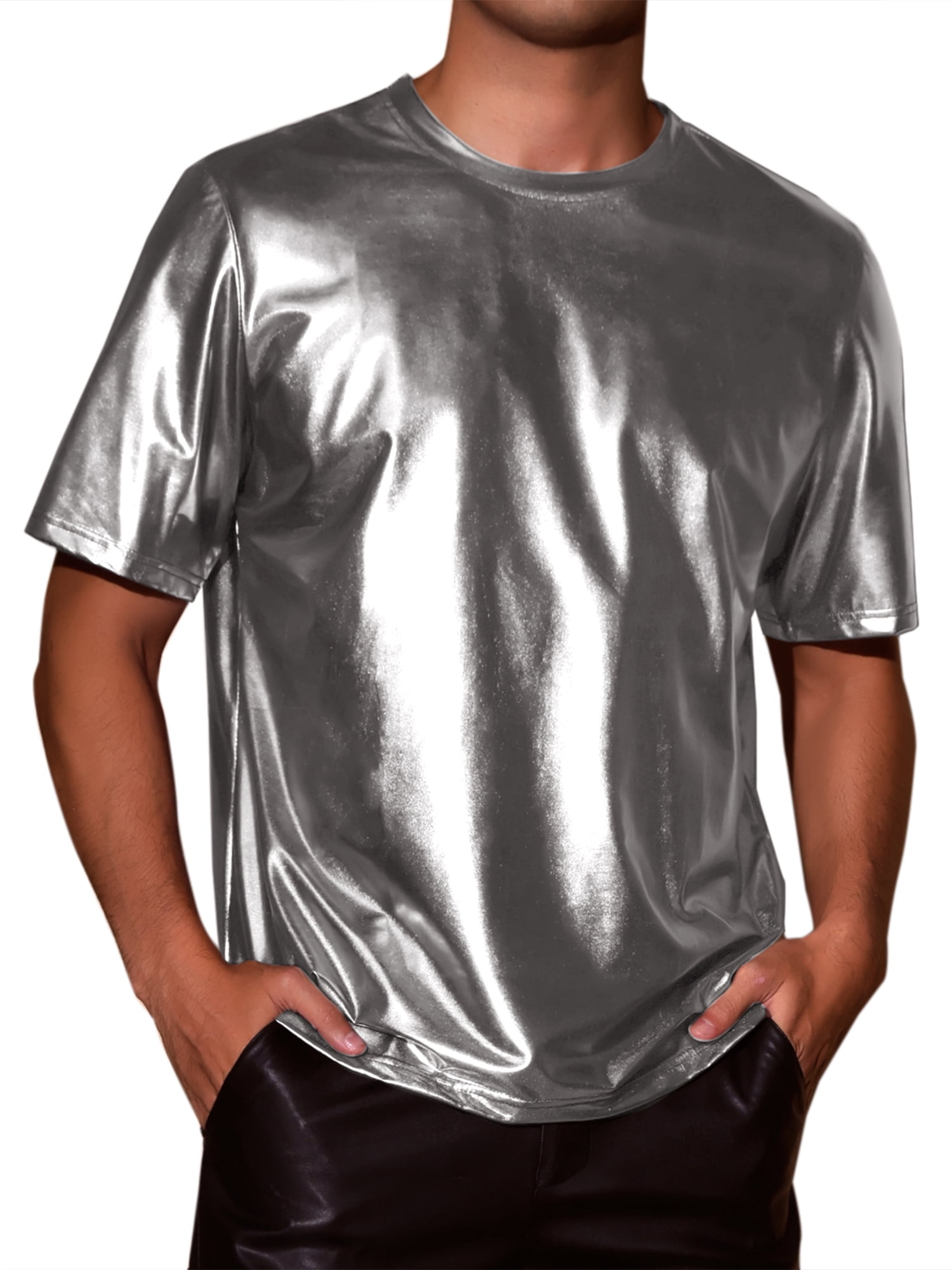 INSPIRE CHIC Holographic T-Shirts for Men's Crew Neck Short Sleeved Party Disco Shiny t Shirt XL Gray