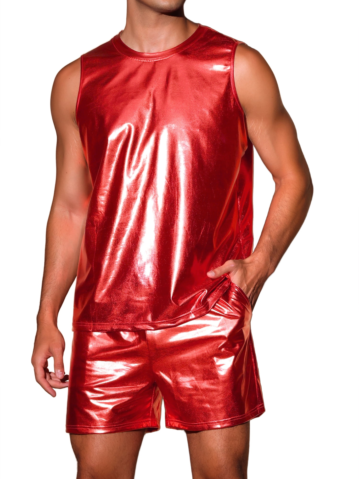 INSPIRE CHIC Holographic Tank Top and Shorts Set for Men's Party Disco Metallic 2 Pieces Outfits 2XL Red