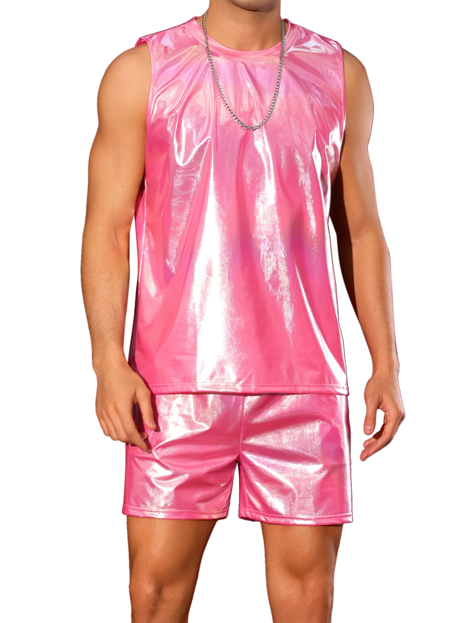 INSPIRE CHIC Outfit Holographic Tank Top and Shorts Set for Men's Party Disco Metallic 2 Pieces Outfits L Pink