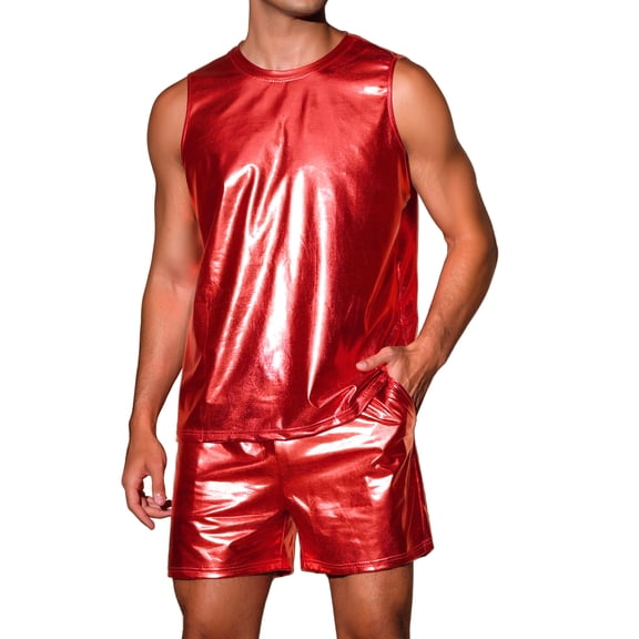 INSPIRE CHIC Holographic Tank Top and Shorts Set for Men's Party Disco Metallic 2 Pieces Outfits S Red