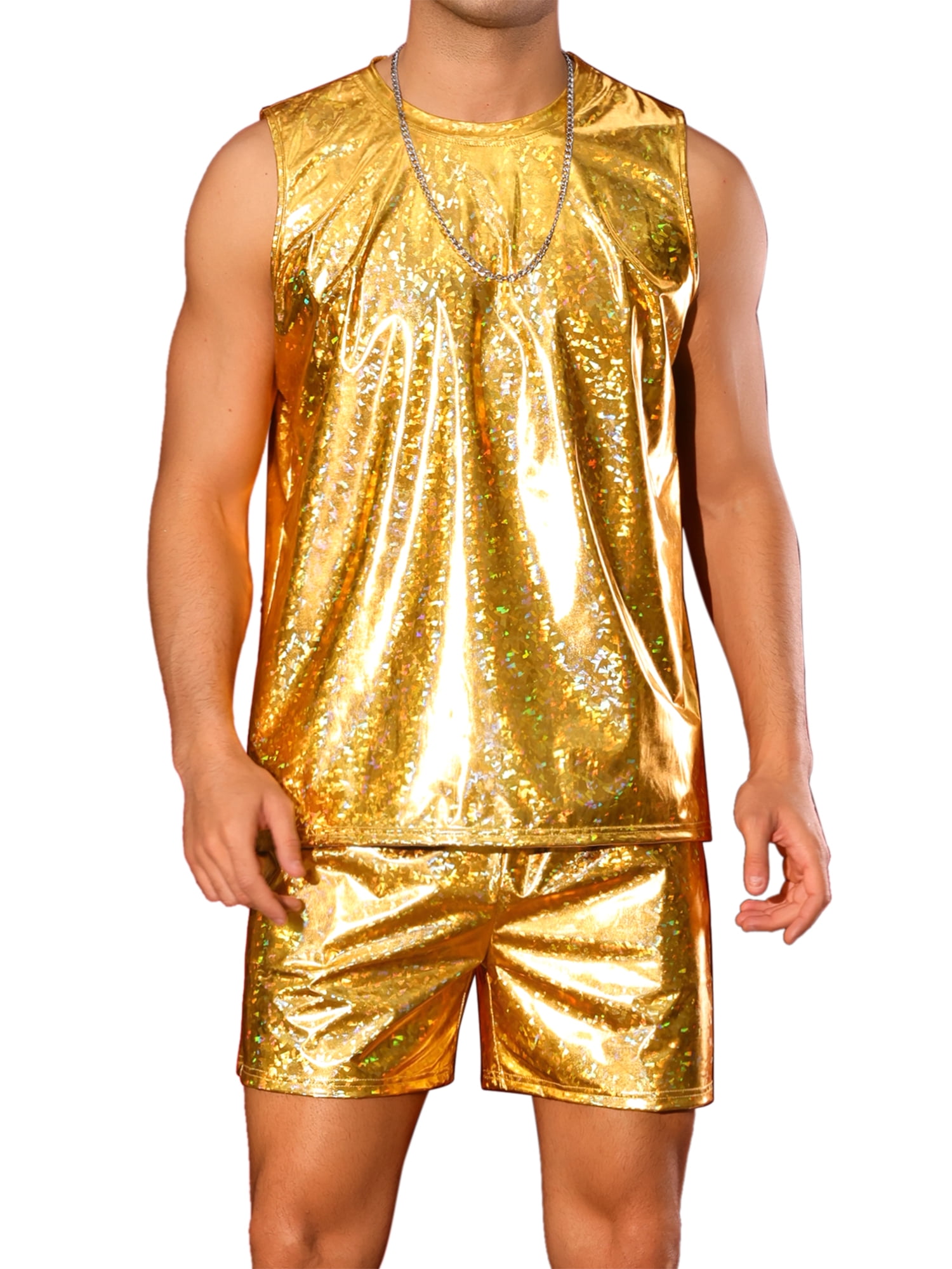 INSPIRE CHIC Holographic Tank Top and Shorts Set for Men's Party Disco Metallic 2 Pieces Outfits XL Golden