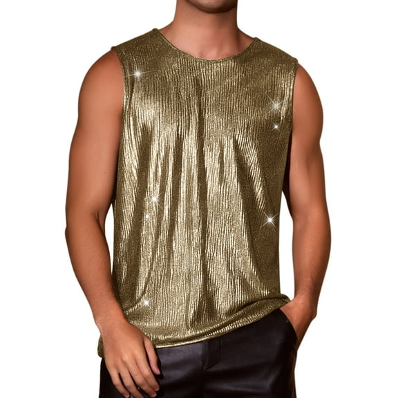 INSPIRE CHIC Holographic Tank Top for Men's Shiny Sleeveless T-Shirt Disco Party Metallic Vest 2XL Black Golden
