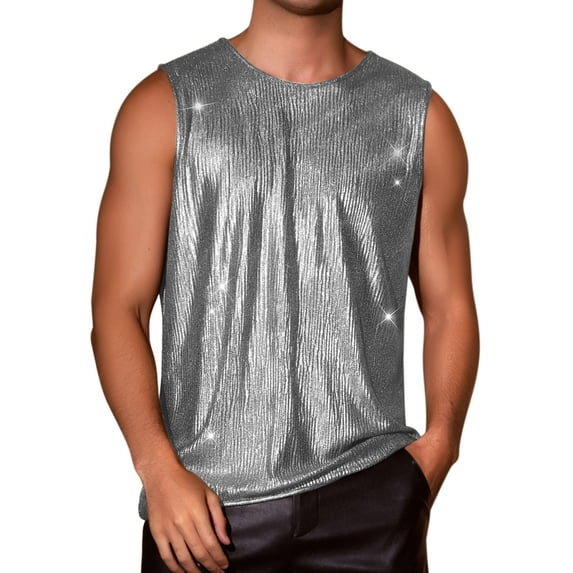 INSPIRE CHIC Holographic Tank Top for Men's Shiny Sleeveless T-Shirt Disco Party Metallic Vest L Black Silver