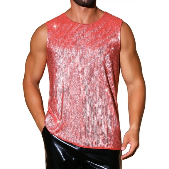 INSPIRE CHIC Holographic Tank Top for Men's Shiny Sleeveless T-Shirt Disco Party Metallic Vest M Red Silver