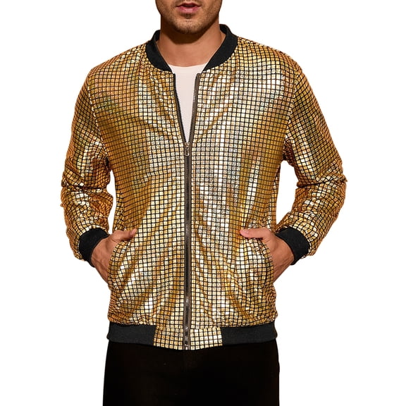 INSPIRE CHIC Holographic Varsity Jackets for Men's Full Zip Up Party Shiny Metallic Bomber Jackets 2XL Golden