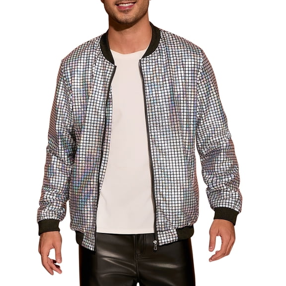 INSPIRE CHIC Holographic Varsity Jackets for Men's Full Zip Up Party Shiny Metallic Bomber Jackets L Silver