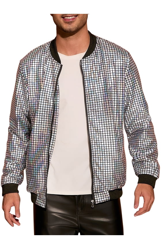 Holographic Varsity Jackets for Men's Full Zip Up Party Shiny Metallic Bomber Jackets M Silver