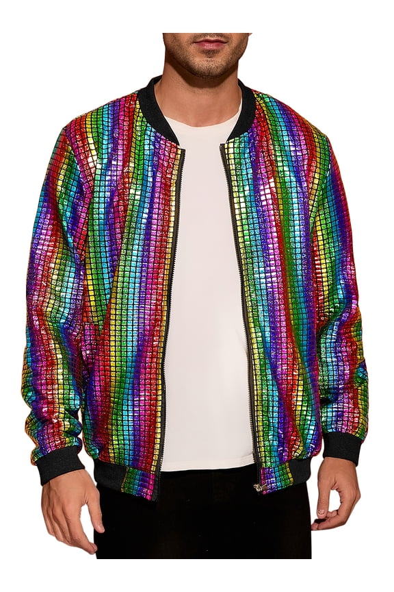 Holographic Varsity Jackets for Men's Full Zip Up Party Shiny Metallic Bomber Jackets S Multicolor
