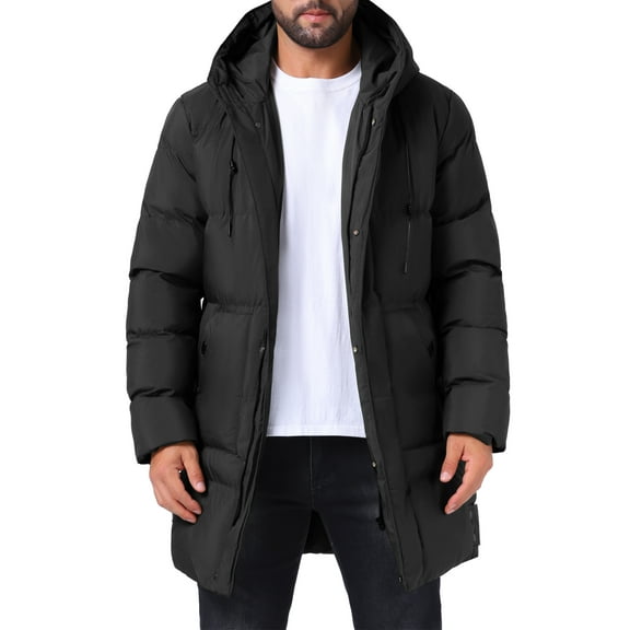 INSPIRE CHIC Hooded Puffer Jacket for Men's Mid-Length Warm Outerwear Zipper Winter Quilted Padded Coat M Black