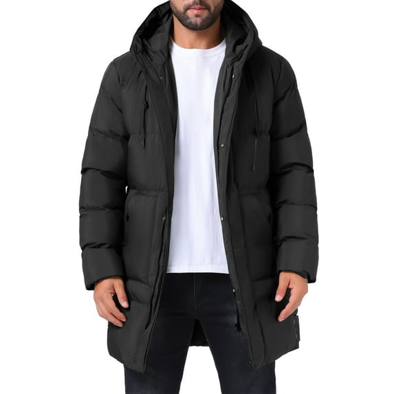 INSPIRE CHIC Hooded Puffer Jacket for Men's Mid-Length Warm Outerwear Zipper Winter Quilted Padded Coat S Black