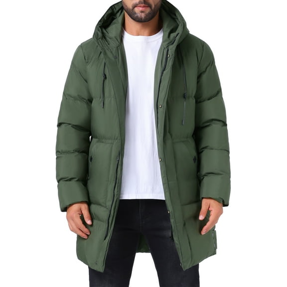 INSPIRE CHIC Hooded Puffer Jacket for Men's Mid-Length Warm Outerwear Zipper Winter Quilted Padded Coat S Dark Green