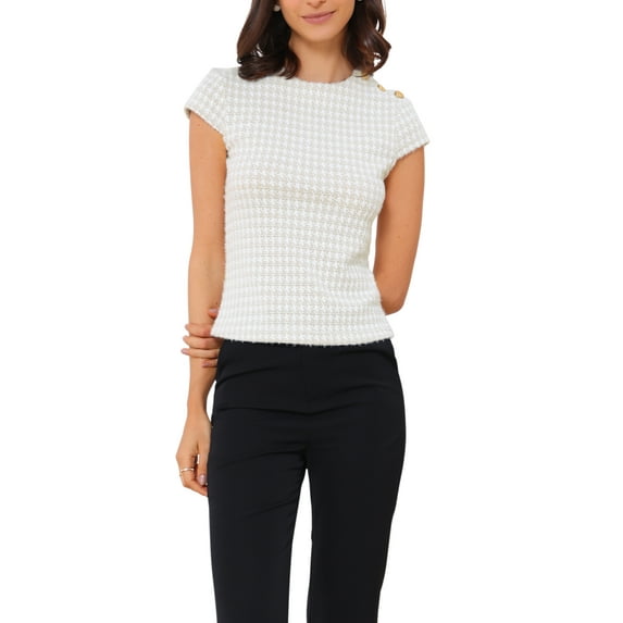 INSPIRE CHIC Houndstooth Blouses for Women's Elegant Crew Neck Strenchy Work Office Cap Sleeve Top L Light Khaki