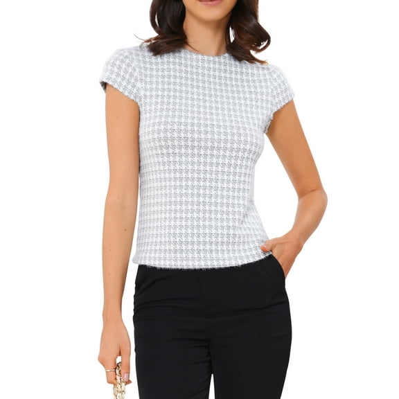 INSPIRE CHIC Houndstooth Blouses for Women's Elegant Crew Neck Strenchy Work Office Cap Sleeve Top L White