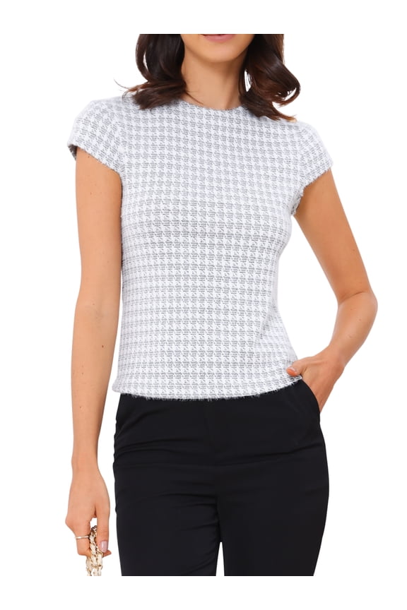 Houndstooth Blouses for Women's Elegant Crew Neck Strenchy Work Office Cap Sleeve Top XS White