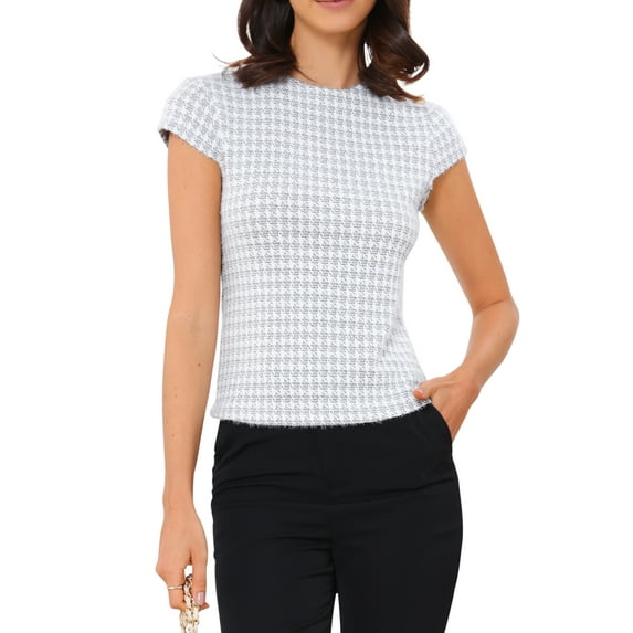 INSPIRE CHIC Houndstooth Blouses for Women's Elegant Crew Neck Strenchy Work Office Cap Sleeve Top XS White