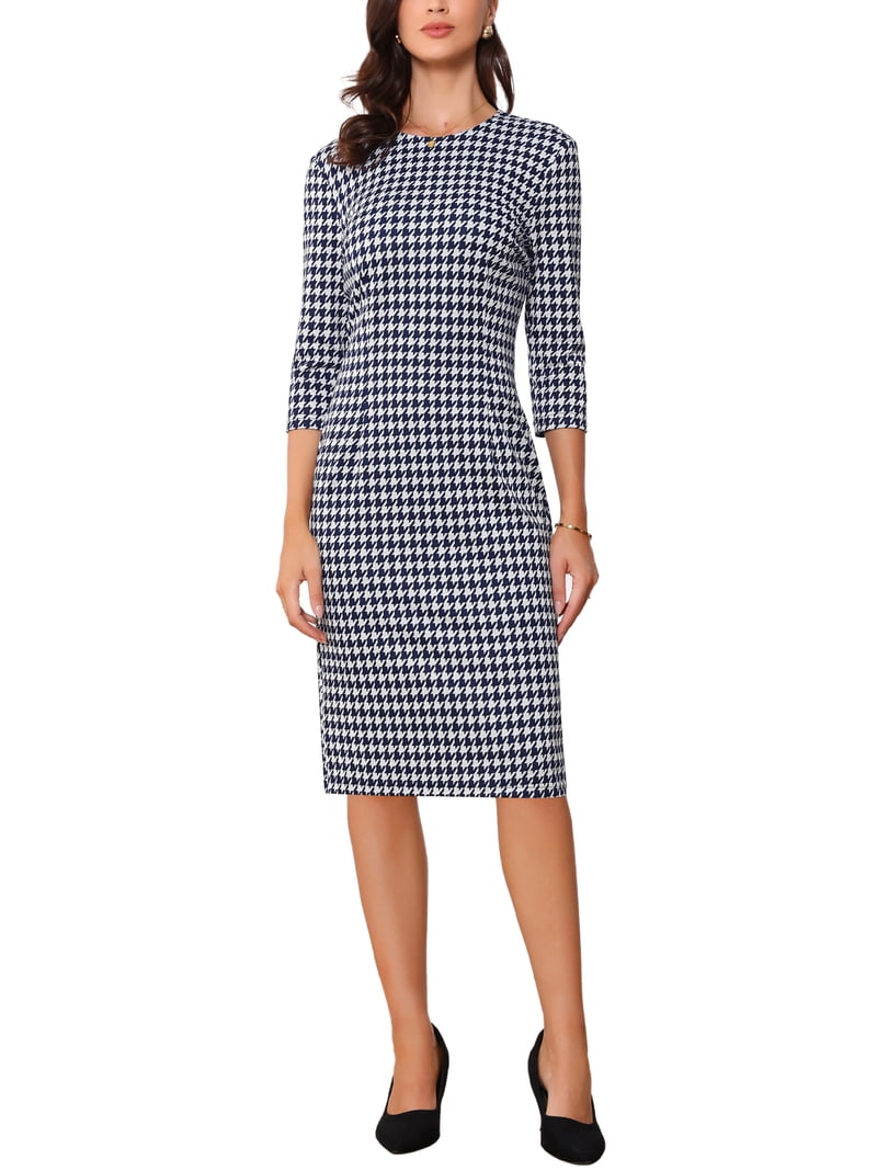 Inspire Chic Houndstooth Dress for Women's 3/4 Sleeve Elegant Cinched Waist Bodycon Dress L Grey, Size: Large, Black