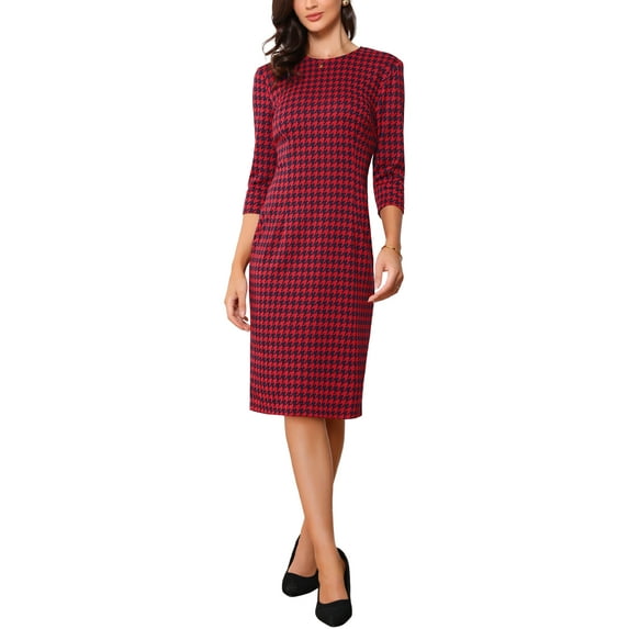 INSPIRE CHIC Houndstooth Dress for Women's 3/4 Sleeve Elegant Cinched Waist Bodycon Dress S Red