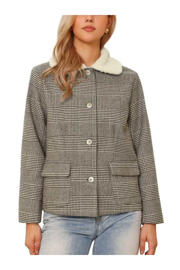 Houndstooth Jacket for Women's Peter Pan Collar Long Sleeve Button Down Vintage Winter Coat M Brown