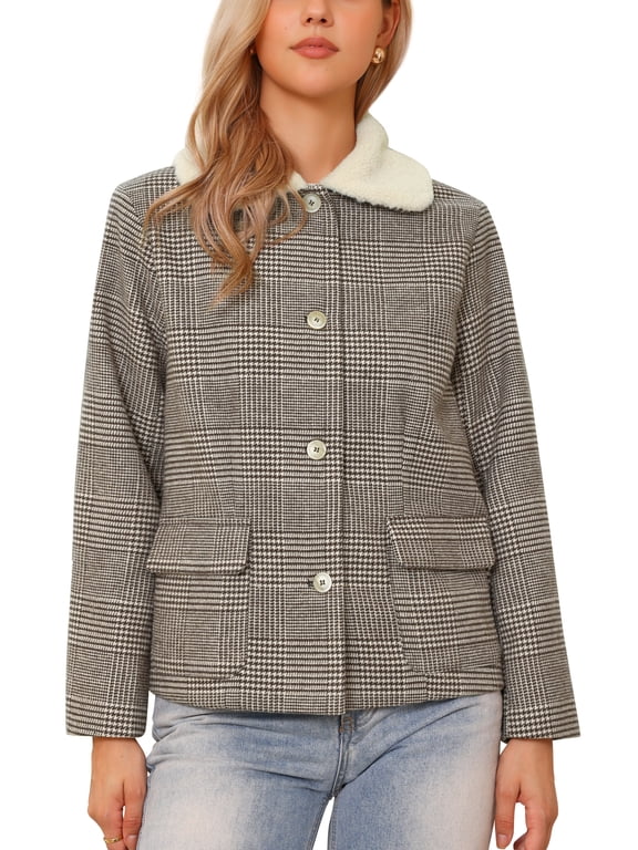 Houndstooth Jacket for Women's Peter Pan Collar Long Sleeve Button Down Vintage Winter Coat S Brown