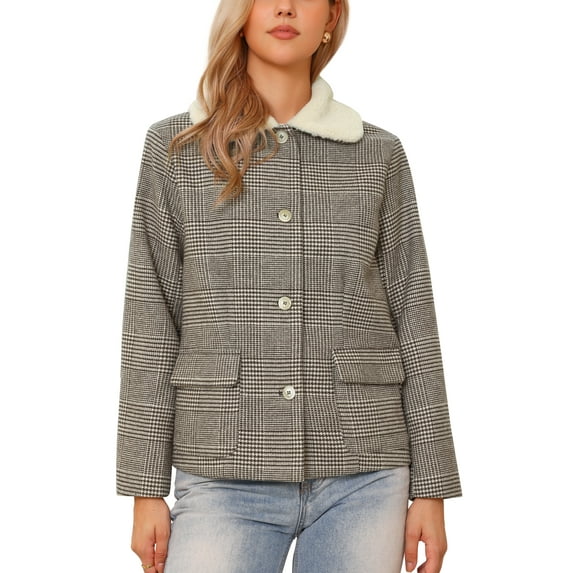 INSPIRE CHIC Houndstooth Jacket for Women's Peter Pan Collar Long Sleeve Button Down Vintage Winter Coat XS Brown