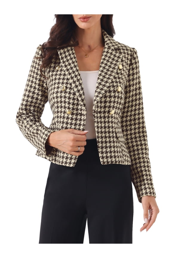 Houndstooth Suit for Women Notch Lapel Buttons Long Sleeves Casual  Blazer M Brown
