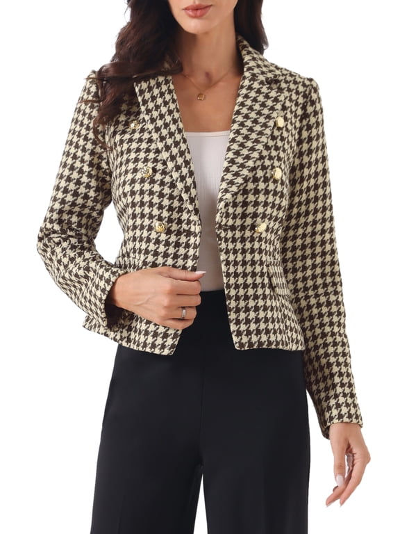 Houndstooth Suit for Women Notch Lapel Buttons Long Sleeves Casual Blazer XL Brown