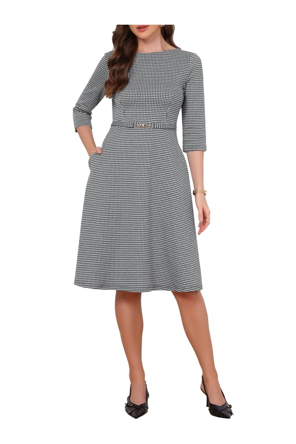 Houndstooth Work Dress for Women 3/4 Sleeve Boat Neck Plaid A Line Business Casual Dress M Black