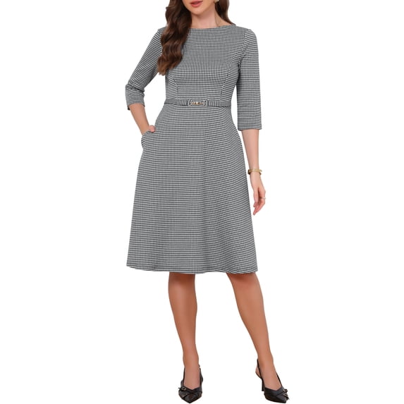 INSPIRE CHIC Houndstooth Work Dress for Women 3/4 Sleeve Boat Neck Plaid A Line Business Casual Dress XS Black