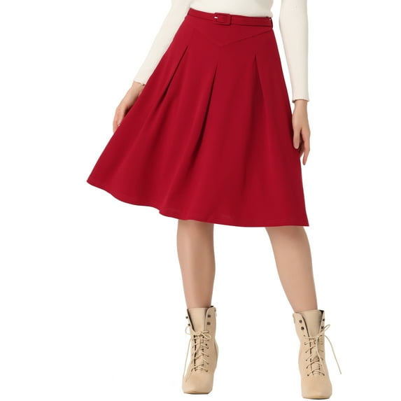 INSPIRE CHIC INSPIRE CHIC Women's Office Work Skirts Belted Waist Midi A-Line Pleated Skirt L Deep Burgundy