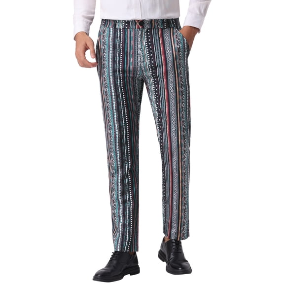 INSPIRE CHIC Irregular Pattern Pants for Men's Flat Front Prom Color Block Stripe Pants 28 Multicolor
