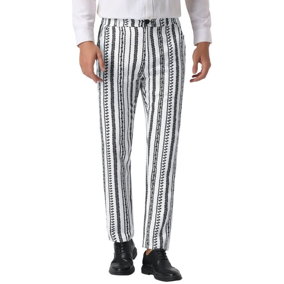INSPIRE CHIC Irregular Pattern Pants for Men's Flat Front Prom Color Block Stripe Pants 28 White