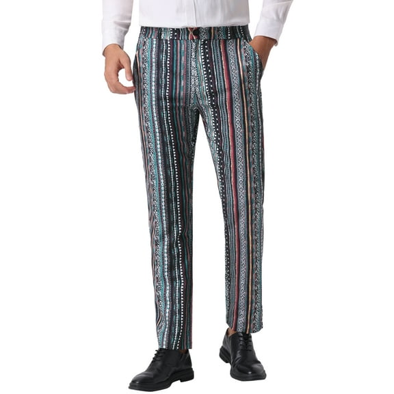 INSPIRE CHIC Irregular Pattern Pants for Men's Flat Front Prom Color Block Stripe Pants 38 Multicolor