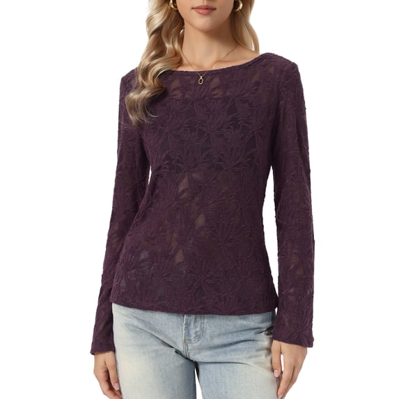 INSPIRE CHIC Jacquard Blouse for Women's Boat Neck Long Sleeve Fall Sheer Knit Top M Purple