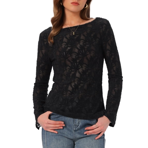 INSPIRE CHIC Jacquard Blouse for Women's Boat Neck Long Sleeve Fall Sheer Knit Top S Black