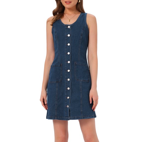 INSPIRE CHIC Jean Dresses for Women Back to School Button Down V Neck Sleeveless Collarless Mini Denim Dress with Pockets L Deep Blue