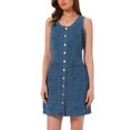 thumbnail image 1 of INSPIRE CHIC Jean Dresses for Women Back to School Button Down V Neck Sleeveless Collarless Mini Denim Dress with Pockets M Blue, 1 of 5