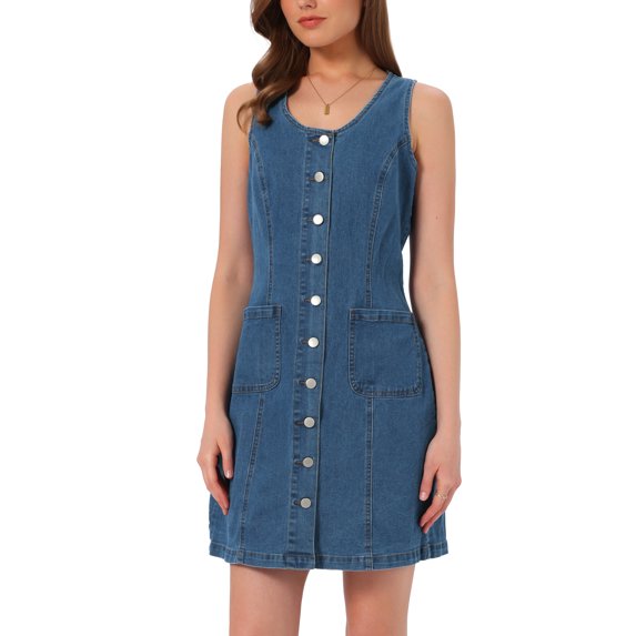 INSPIRE CHIC Jean Dresses for Women Back to School Button Down V Neck Sleeveless Collarless Mini Denim Dress with Pockets M Blue