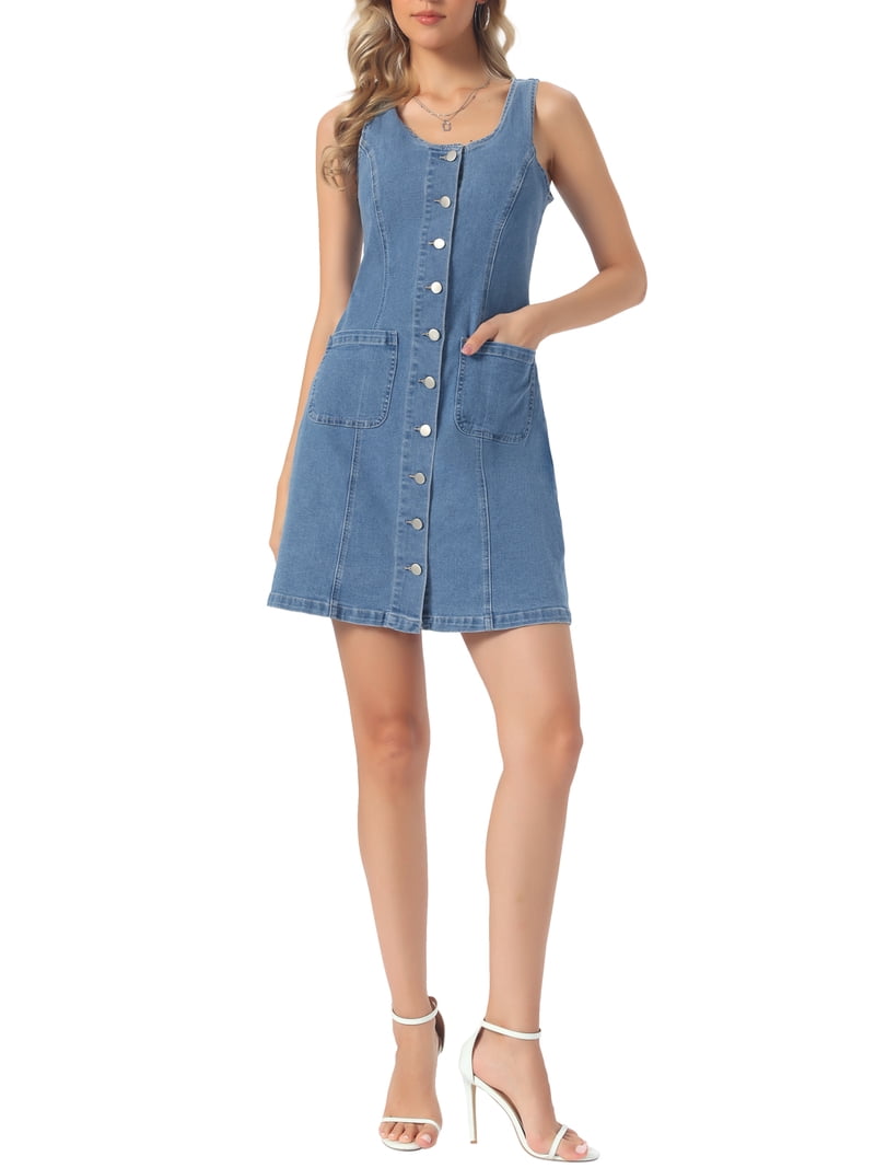 Inspire Chic Jean Dresses for Women Button Down V Neck Sleeveless Collarless Mini Denim Dress with Pockets XS Light Blue, Women's