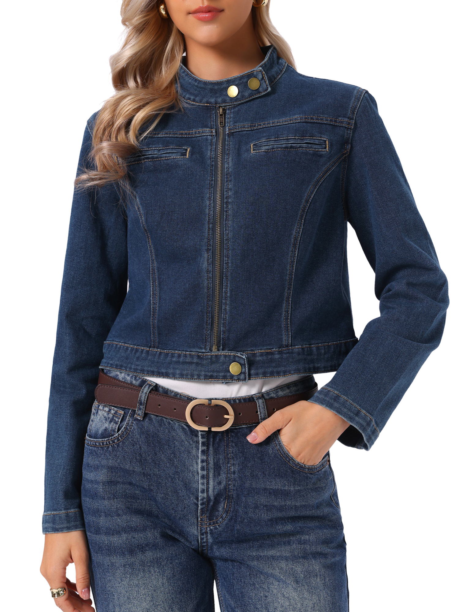 INSPIRE CHIC Jean Jackets for Women Zip Up Stand Collar Long Sleeve Motorcycle Denim Jacket XL Retro Blue