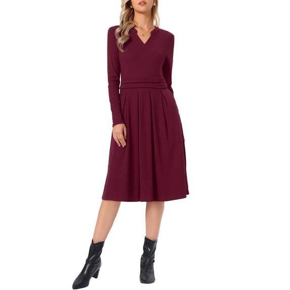 INSPIRE CHIC Knit Dress for Women V Neck Long Sleeve Strechy Knee Length Casual A-Line Dresses M Deep Red