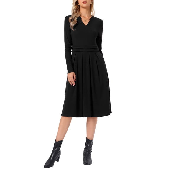 INSPIRE CHIC Knit Dress for Women V Neck Long Sleeve Strechy Knee Length Casual A-Line Dresses XS Black