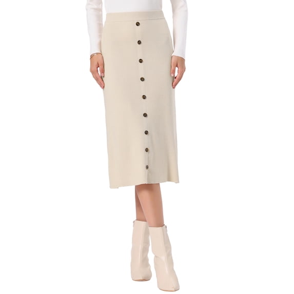 INSPIRE CHIC Knit Midi Skirt for Women's Elastic Waist A-Line Button Decor Casual Ribbed Skirt XS Apricot