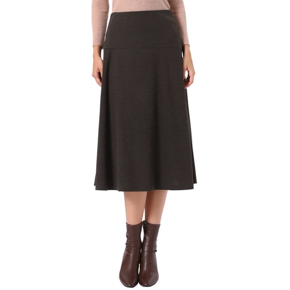 Knit Midi Skirt for Women's Elastic Waist Casual A-Line Skirt with Flowy Design and Comfortable Fit XL Coffee Brown