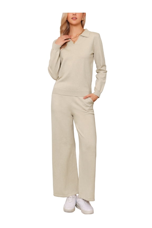 Knit Sweater Top Wide Leg Pants Set for Women's 2 Piece V Neck Lounge Outfits Trendy Cozy Clothes XL Apricot