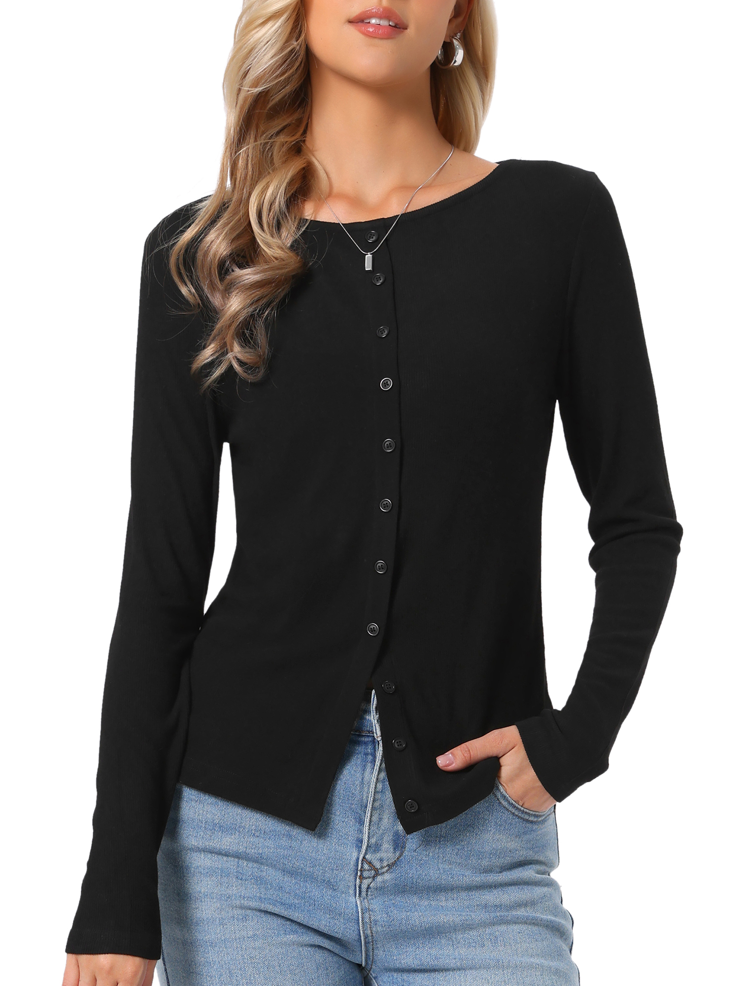 INSPIRE CHIC Knit Top for Women's Long Sleeve Button Fitted Solid Casual Blouse L Black