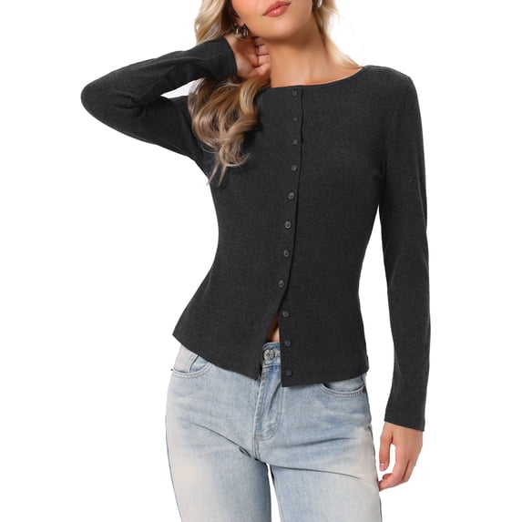 INSPIRE CHIC Knit Top for Women's Long Sleeve Button Fitted Solid Casual Blouse M Grey