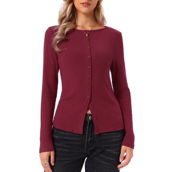 INSPIRE CHIC Knit Top for Women's Long Sleeve Button Fitted Solid Casual Blouse XS Red