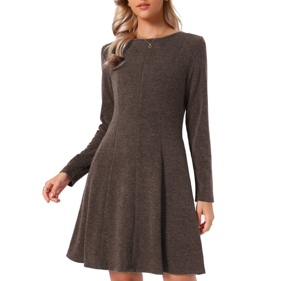 INSPIRE CHIC Knitted Dresses for Women Long Sleeve Round Neck A Line Above the Knee Casual Knit Dress S Dark Brown