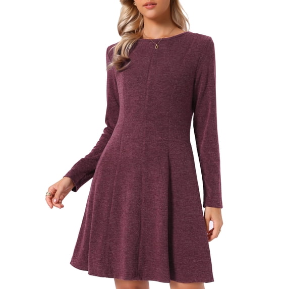 INSPIRE CHIC Knitted Dresses for Women Long Sleeve Round Neck A Line Above the Knee Casual Knit Dress S Dark Red